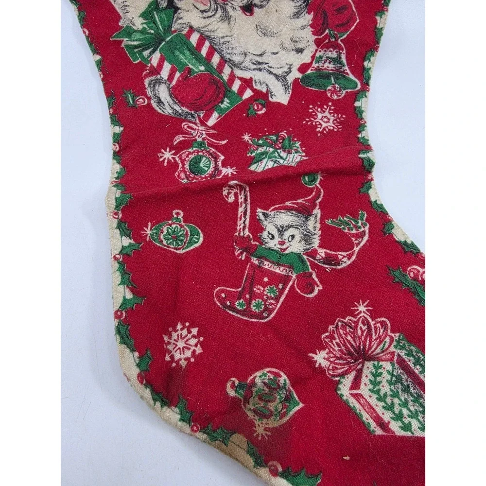 Vintage Mid Century Merry Christmas Stocking Reindeer Santa Kitten Personalized